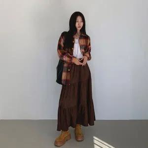 [하프클럽/]여성 겨울 도톰 핀턱 골덴 티어드 밴딩 롱 스커트