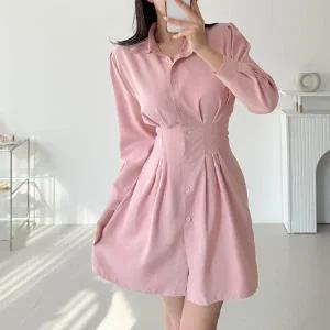 [다잇템] 여자 클래식 핀턱 잔주름 쁘띠 카라넥 단추 원피스_23776243_588872