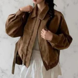 여성 키치무드 스웨이드 포근한 스트링 집업 크롭 재킷