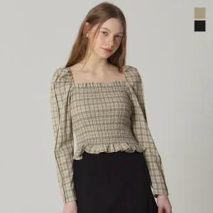 [더블유스탠다드(W STANDARD)] 우먼 (CU) 오픈넥 스모킹 블라우스 셔츠