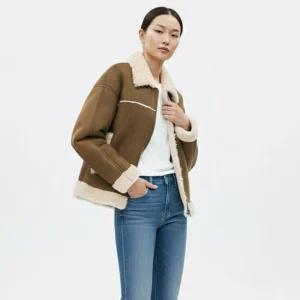 여성 양털안감 카라넥 크롭 방한 가벼운 무스탕 자켓 NARU-WJP-20929-브라운