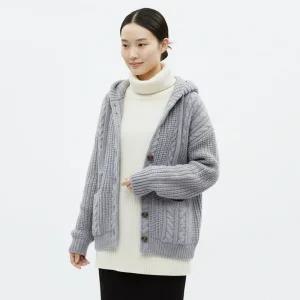 여성 뜨개 레이어드 방한 도톰 후드 니트 가디건 NTT-WCD-20937-그레이