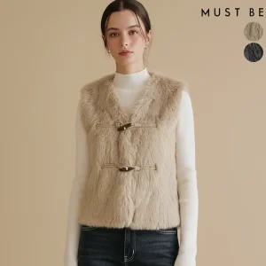 여성 토글 버튼 페이크 퍼 베스트