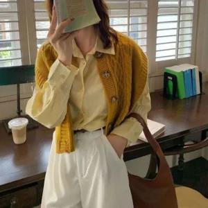 꽈배기 크롭 니트조끼 머스타드 (WFFUMNQ)