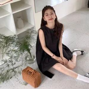 여성 심플 라운드넥 민소매 볼륨 미니원피스 2컬러