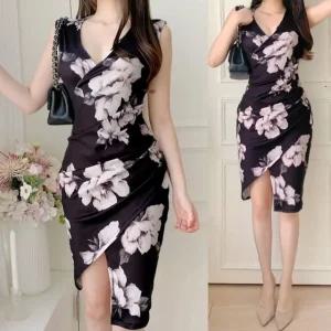 나시 브이넥 스커트 셔링 원피스 바캉스룩 여자 롱 랩 (WFFUNN0)