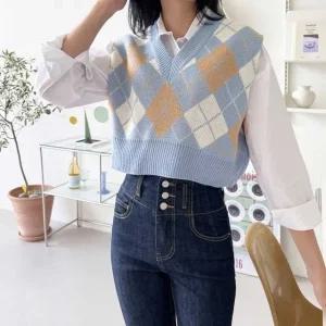 고품질 조끼 크롭 니트 체크무늬 여성 아가일 귀여운 5컬러 (WFFUNIA)