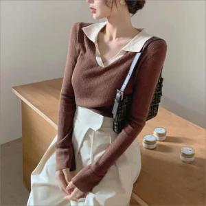 [라일리여성의류] Rly 여성 카라 골지 v넥 니트 긴팔 카라티 상의 여