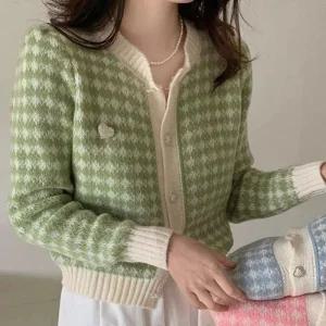 [라일리여성의류] Rly 여성 하운드 체크 하트버튼 가디건 니트룩 겉옷