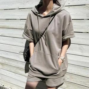 [라일리여성의류] Rly 베이직한 포켓 후드 상하의 세트 SS 밴딩반바지