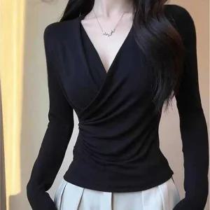 [라일리여성의류] Rly 날씬해보이는 슬림 핏 브이넥 랩 티셔츠 웜 기모