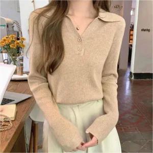 [라일리여성의류] Rly 카라 브이넥 골지니트 버튼티 니트 여성 여리여리