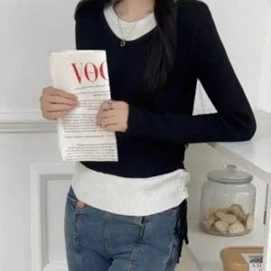 [다잇템] 여성 미니멀리즘 U넥 골지 코디 롱슬리브 니트_23822222_588872