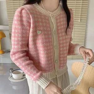 [라일리여성의류] Rly 여성 하운드 체크 하트버튼 니트 가디건 데일리룩