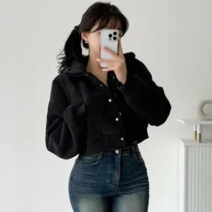 여성 단추 키치무드 골덴 카라 숏자켓