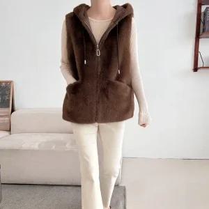 여성 인조털 후드 집업 조끼 베스트