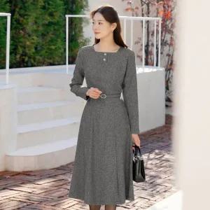 XXL까지) 켈레나 스퀘어넥 버튼장식 벨트 원피스 겨울 하객룩 오피스룩 모임룩 격식룩 연말룩 빅사이즈