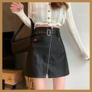 벨트포함 캐주얼 앞지퍼 가죽 스커트 치마 겨울가을 치마 A라인 미니스커트 인조가죽 레더치마 편한스커트