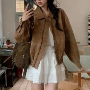 여성 키치무드 스웨이드 크롭 집업 자켓