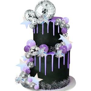보라색 디스코 볼 미러 공 디스코 댄스 파티 토요일 밤 용품에 대한 실버 별 케이크 토퍼와 케이크 장식