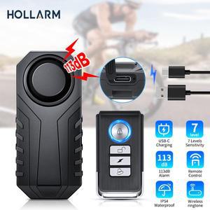 Hollarm 113dB 자전거 알람 USB 충전 도난 방지 오토바이  무선 원격 제어 보안 센서