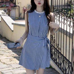 체크 원피스 셔츠 데님 레이스넥 트위드 블루