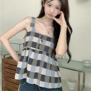 나시 플레어 탑 민소매 소개팅 체크 앞치마