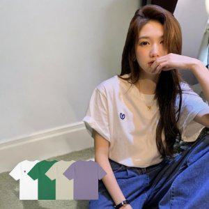 하트자수 심플 캐주얼 보라색 데일리 셔츠 반팔