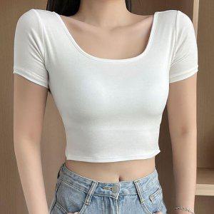 패드내장 슬림크롭티 패드티셔츠 등파인 슬림 크