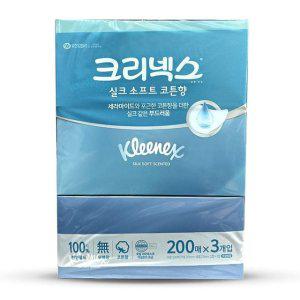 크리넥스 실크 소프트 각티슈 미용티슈 휴지 코튼향 200매 3개입