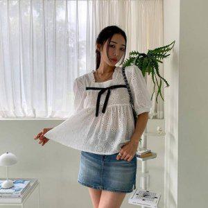 프릴블라우스 여름블라우스 크롭셔츠 리본 타이블