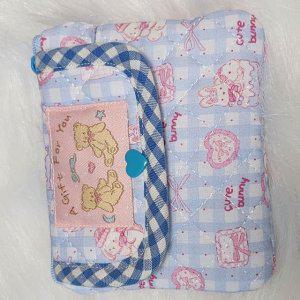 귀여운 하늘색 체크 누빔 토끼와 곰돌이 카드지갑