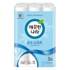 깨끗한나라 순수 소프트 롤 화장지 3겹 27m 30롤