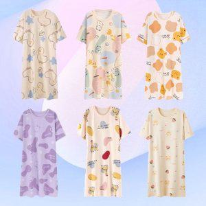 홈웨어 롱 수면잠옷 반팔 캐주얼 프린팅 원피스