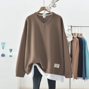 2023 봄 가을 플러스 사이즈 여성용 루즈핏 긴팔 브이넥 패치워크 페이크 투피스 후드티 캐주얼 편안한 핏