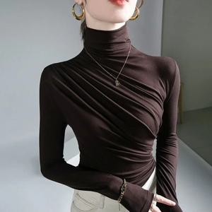 2023 여성용 Pleated High Neck 여성용 블라우스 의류 탑 셔츠 블라우스