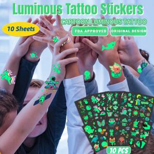10 시트 빛나는 문신 애니메이션 스티커 장난감 어린이 바디 아트 임시 가짜 문신 방수 만화 유니콘 동물 인어