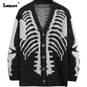 레이디가드 남성용 레트로 니트 스웨터, 빈티지 점퍼, 2023 할로윈 해골 프린트 탑 가디건, 남성 고딕 패션 V넥 스웨터