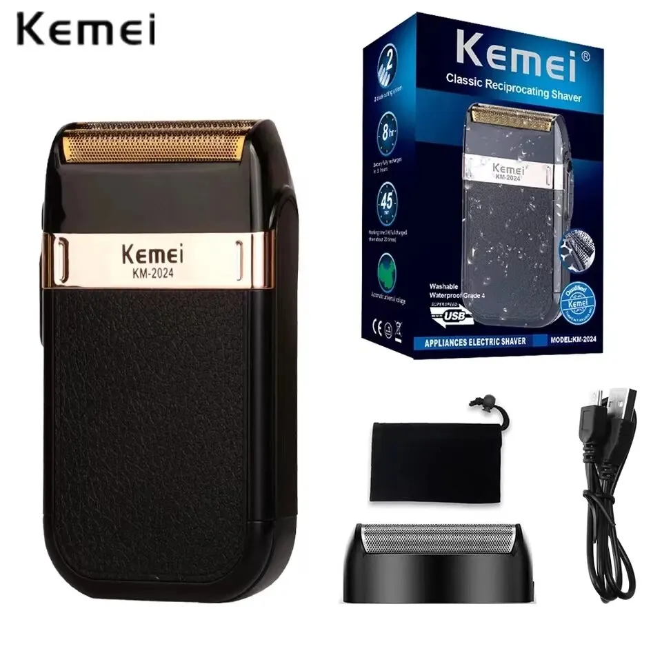 Kemei KM-2024 전기 면도기 전문 USB 충전식 남성용 전기 면도기 가죽 쉘 방수 수염 트리머 면도기