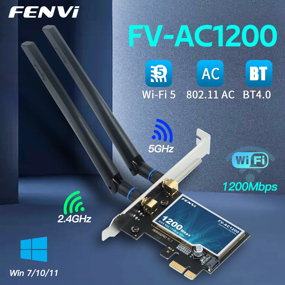 FENVI WiFi 5 AC1200 PCI-E 무선 어댑터 BT4.0 듀얼 밴드 2.4G/5GHz 802.11AC 네트워크 카드 Windows 7/10/11 용 데스크탑 노트북 PC