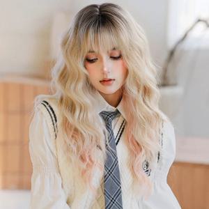 NAMM 고밀도 합성 옴브레 금발 가발, 여성용 코스튬 가발, 긴 몸 웨이브 핑크, 앞머리 있는 금발 가발, 패션