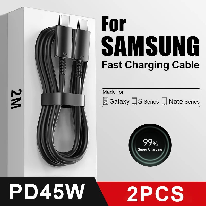 2PCS PD3.0 45W 빠른 케이블 삼성 갤럭시 S20 S22 S23 울트라 노트 10 + 5G 20 A53 A54 초고속 충전 USB 유형 C 데이터 케이블