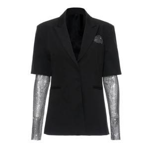 여성 밝은 다이아몬드 페르시 메쉬 스플 라이스 슬리브 블레이저 코트 블랙 중간 길이 정장 재킷 낚시 그물 카디건 OL 탑 2024