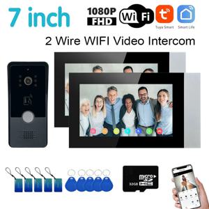 3in1 잠금 해제 Tuya 스마트 Wifi 초인종 가정용 도어 폰용 2 선 비디오 인터콤 시스템 2pcs 터치 모니터 1080P IR 카메라 추가
