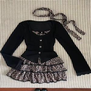 레오파드 빈티지 정장 여성 디자인 우아한 Y2k 얇은 스웨터 풀오버 + 미니 스커트 캐주얼 2000 년대 의류 2 피스 스커트 세트 세련된