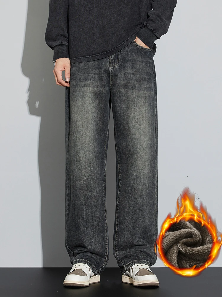 겨울 양털 남성 따뜻한 청바지 느슨한 넓은 다리 두꺼운 열 레트로 데님 바지 패션 스트레이트 streetwear 플러시 바지