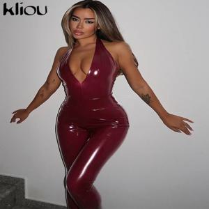 Kliou 가죽 단색 여성 2 종 세트, 심플한 홀터 브이넥 백리스 바디수트 + 집업 매칭 팬츠, 여성 코디 의상