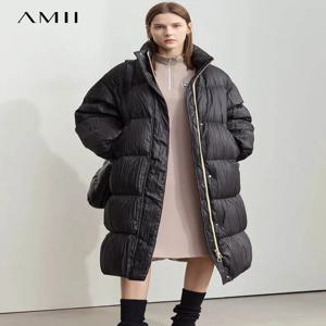 AMII 미니멀리스트 여성용 그래 핀 라이닝 다운 재킷 2024 겨울 새로운 분리형 캡 Pleated Texture 여성 통근 코트 12444071