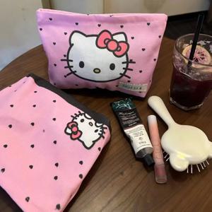 헬로 키티 핑크 연인 화장품 가방 귀여운 키티 고양이 휴대용 캔버스 여행 잡화 보관 가방 대형 동전 지갑