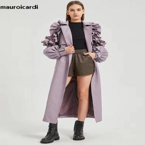 Mauroicardi 용수철 엑스트라 롱 블랙 러플 소프트 인조 가죽 코트, 여성용 벨트, 우아하고 시크한 럭셔리 디자이너 의류, 오버코트 2025